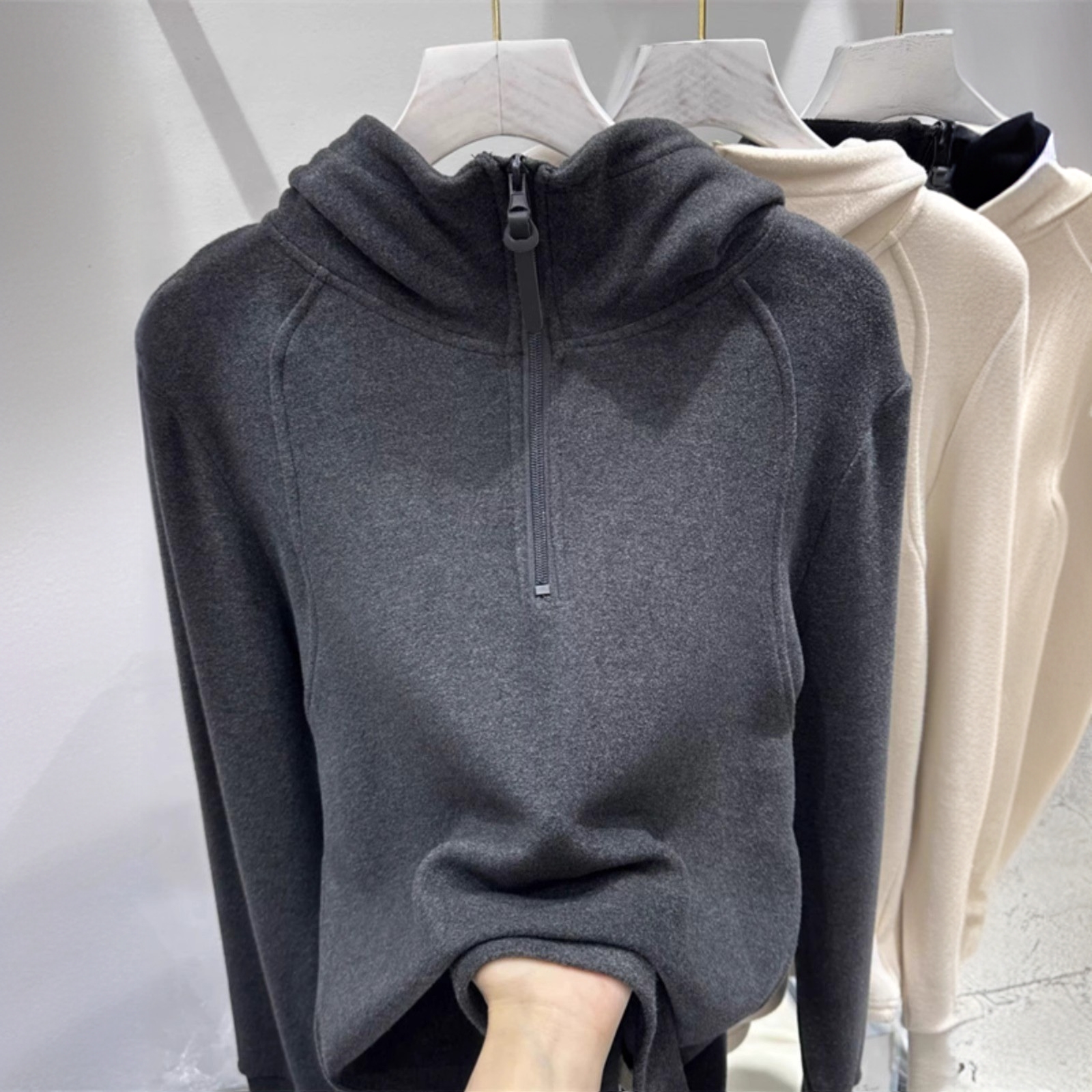 欧货半拉链连帽双面德绒打底衫女秋冬设计感加绒加厚卫衣减龄上衣