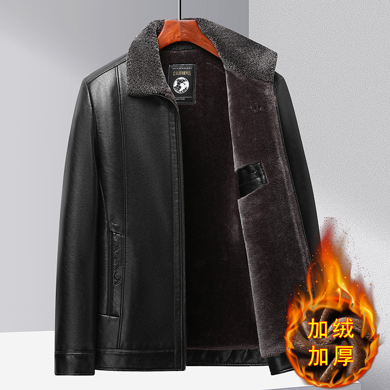 冬季中年男士皮衣加绒加厚皮夹克爸爸冬装外套男翻领保暖棉衣皮袄