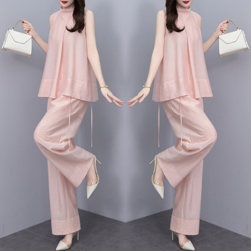 粉色时尚套装女2025年夏季新款阔腿裤无袖上衣宽松气质两件套大码