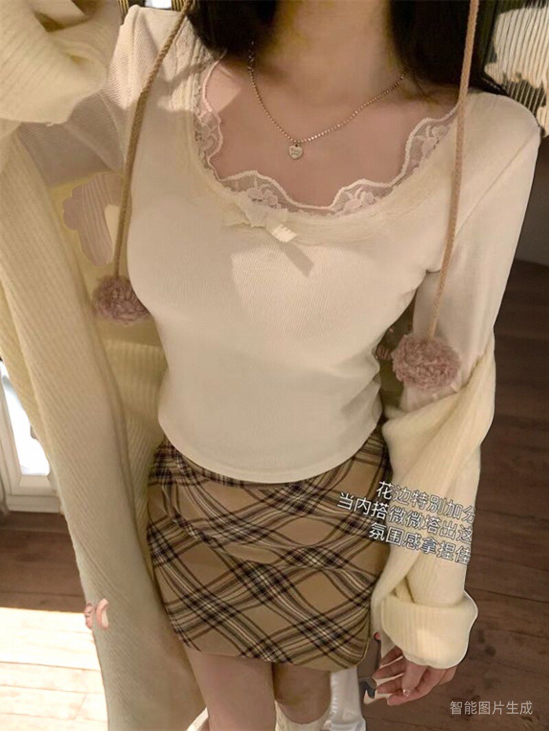 保暖双面螺纹德绒打底衫女长袖修身显瘦短款秋冬蕾丝甜美百搭T恤