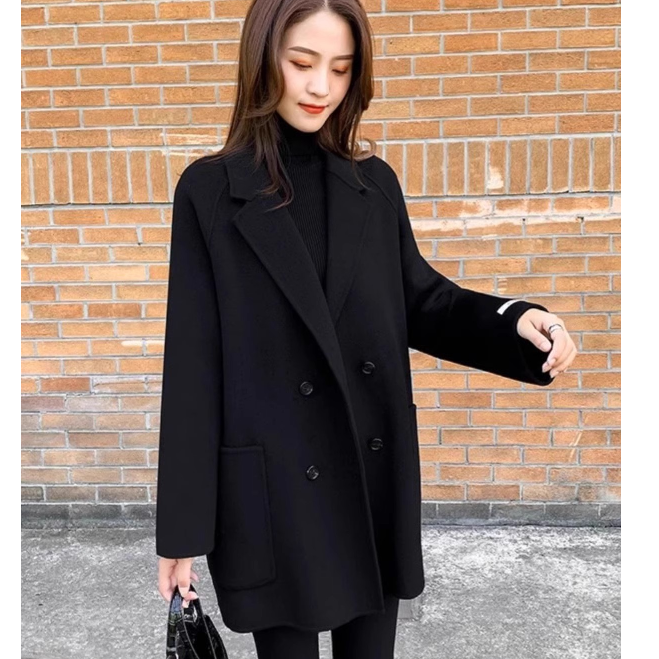 大码女装黑色显瘦毛呢西装外套女款春秋新款双面呢子毛呢大衣风衣