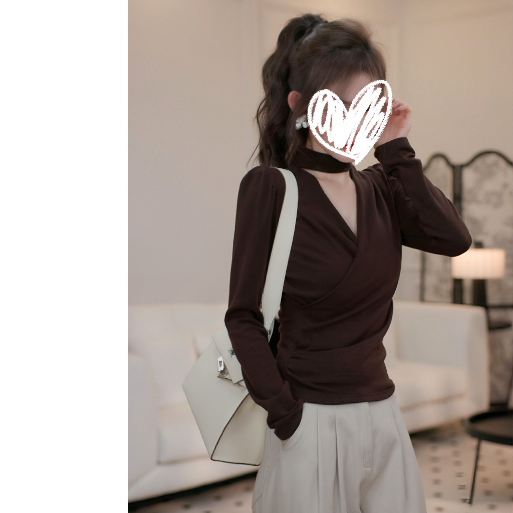 2025秋季新款交叉挂脖长袖t恤褶皱打底衫修身显瘦纯欲百搭女上衣