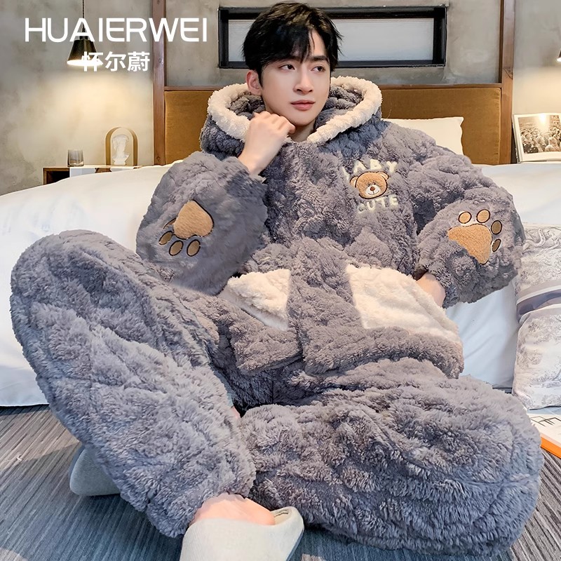 男士睡衣冬季三层夹棉连帽珊瑚绒25新款加绒加厚秋冬天保暖家居服