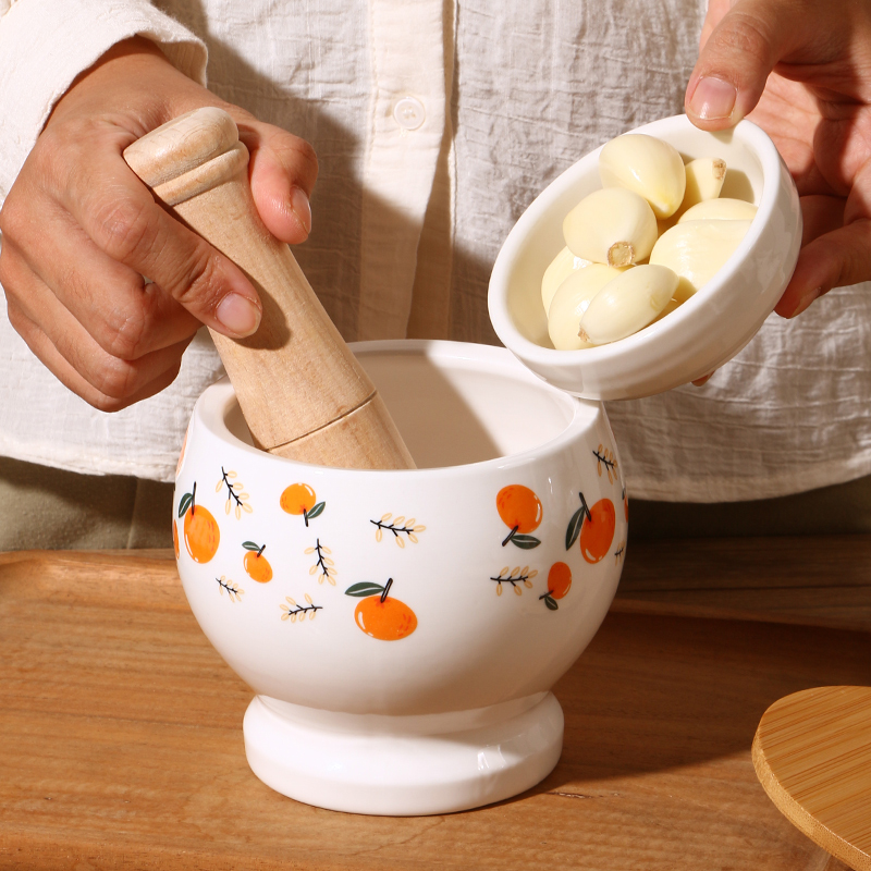老式擂钵蒜臼子陶瓷捣蒜器家用蒜缸实木棒厨房压蒜手动研磨捣碎器