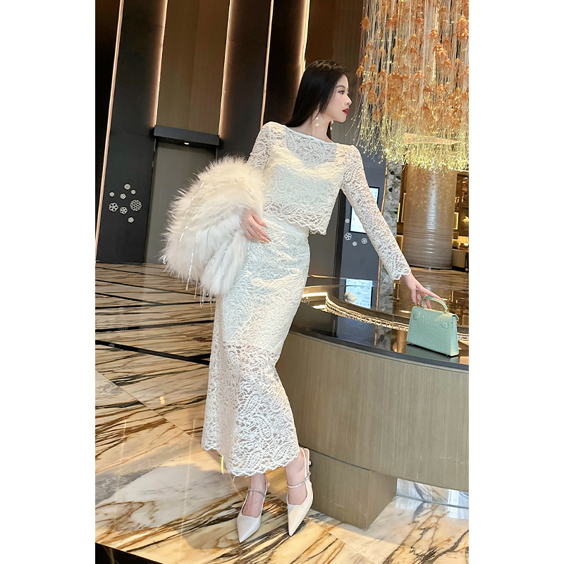 格润雅【雪芙】秋季新款时髦设计感蕾丝优雅气质显瘦半身裙两件套