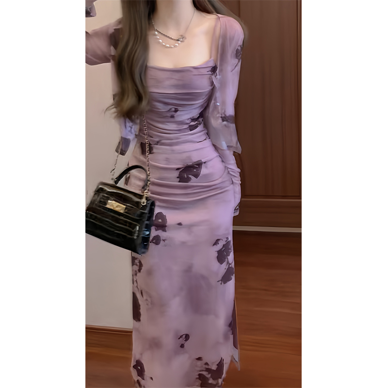 夏装紫色扎染吊带连衣裙2025早夏新款夏季高级感法式裙子长裙女装