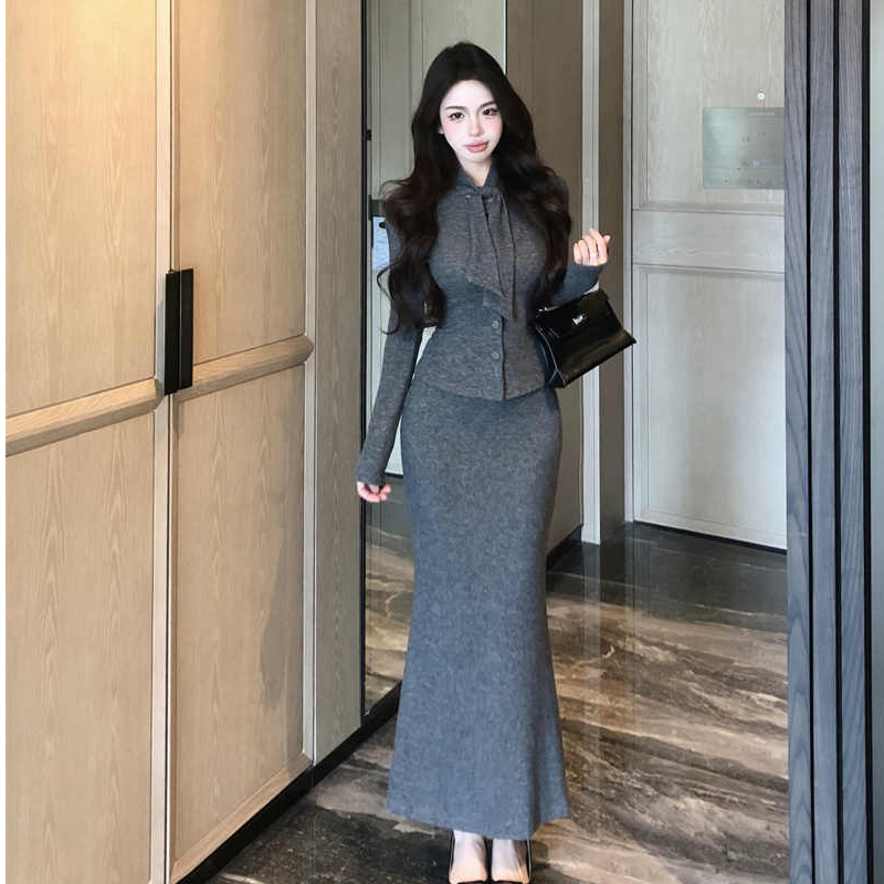 【两件套】小香风灰色飘带短款上衣女春季包臀鱼尾裙长裙盐系轻熟