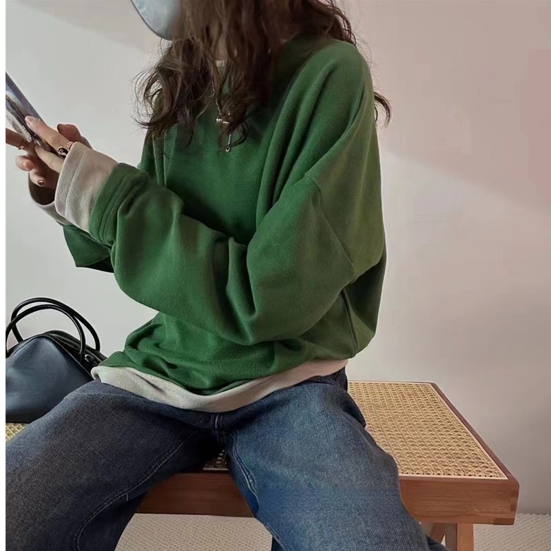 慵懒风撞色假两件套头打底衫女秋冬新款大码时尚百搭宽松遮肉上衣