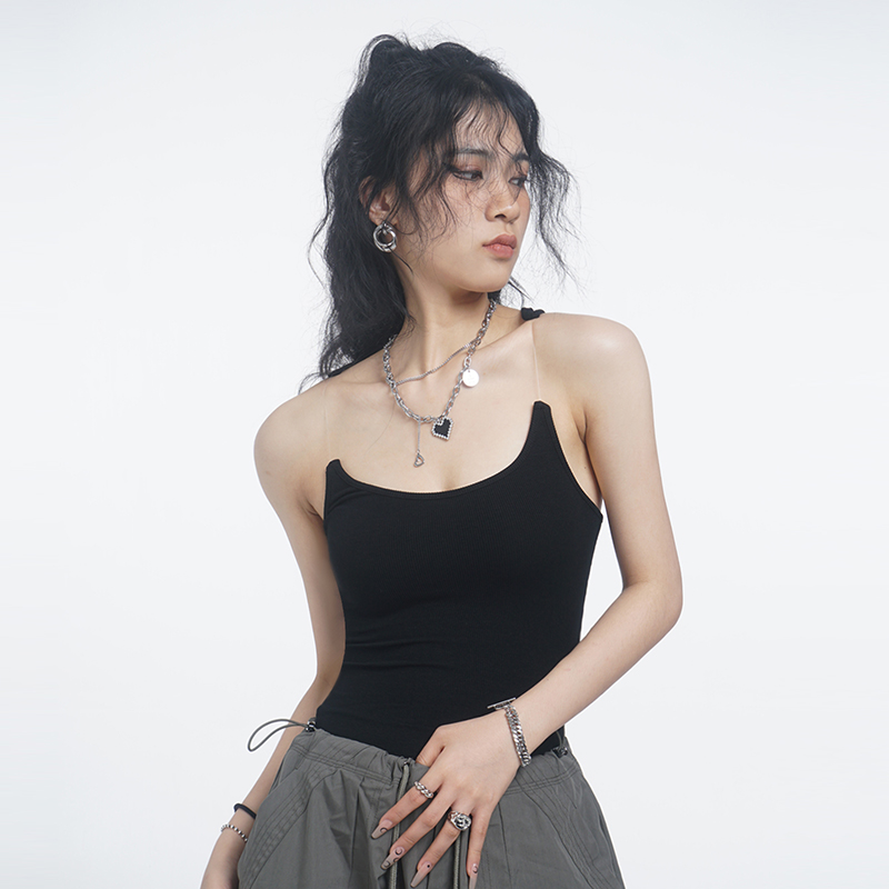 高级感辣妹隐形黑色吊带针织背心女夏透明肩带内搭打底衫无袖上衣