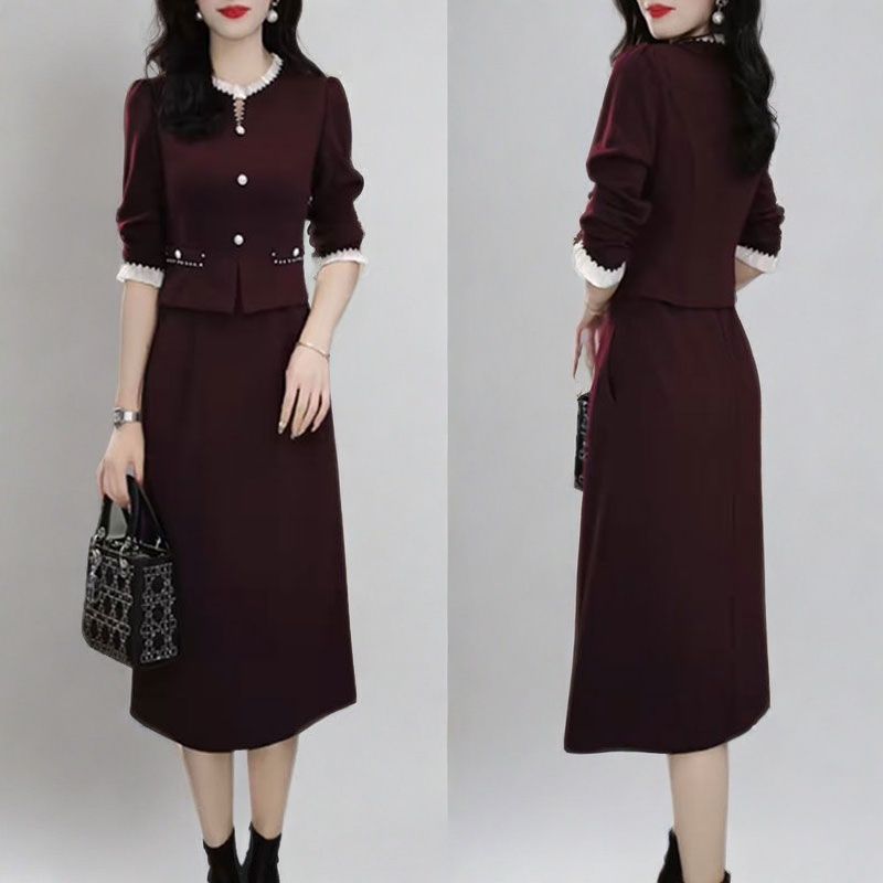 法式小香风长袖连衣裙2026春季新款设计感修身显瘦假两件A字裙潮