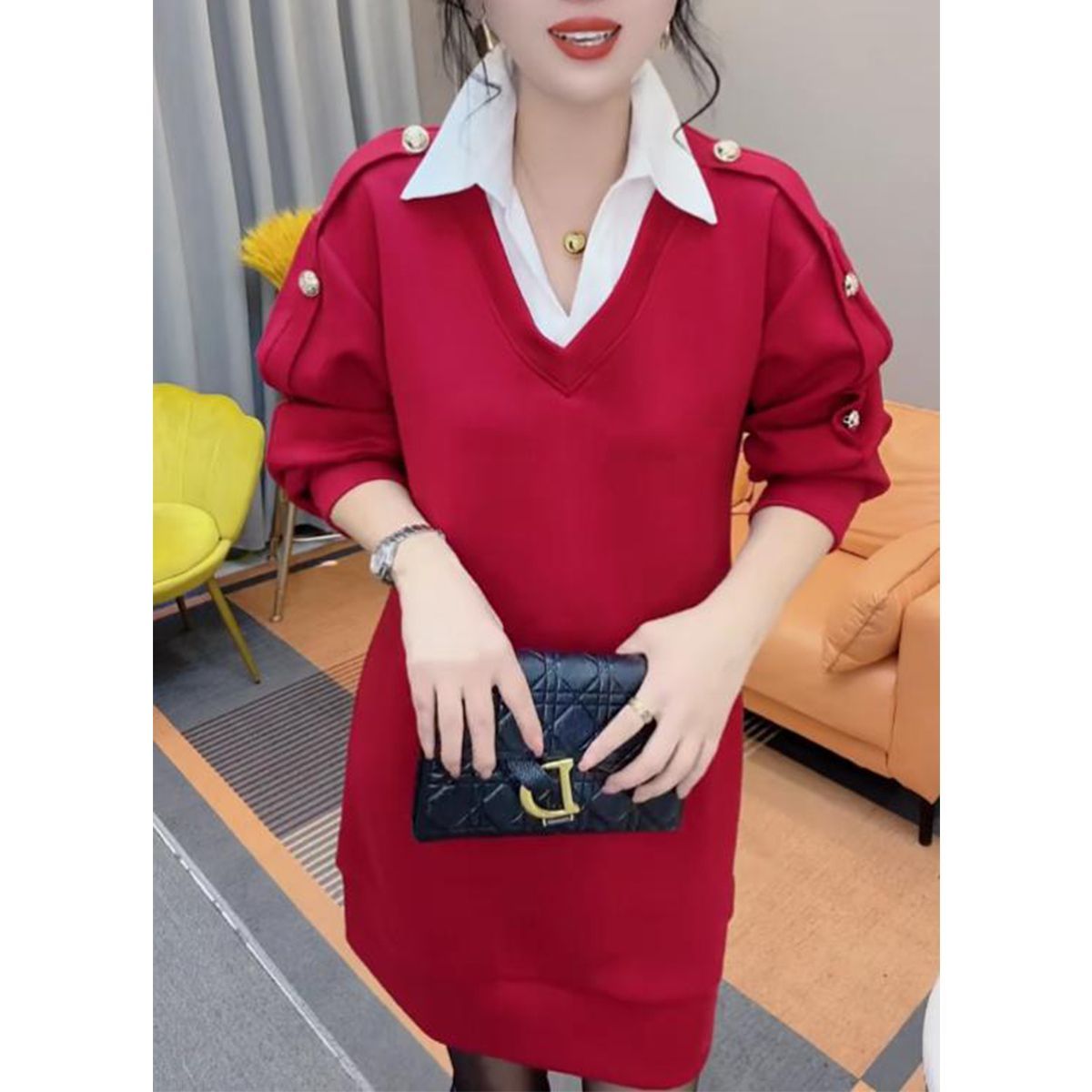 大码衬衫裙女2025年秋冬新款气质显瘦收腰拼接POLO领假两件连衣裙