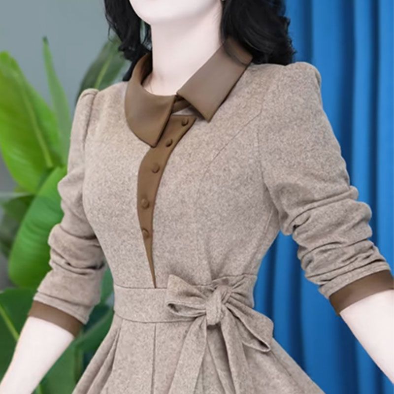 时尚系带长袖连衣裙女2026春季新款气质设计感拼接中长款减龄裙子