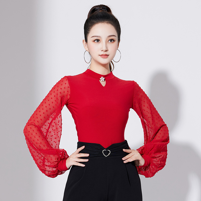 绚悦高领摩登舞练功服女灯笼连体跳舞上衣漂亮洋气交谊舞新款舞衣