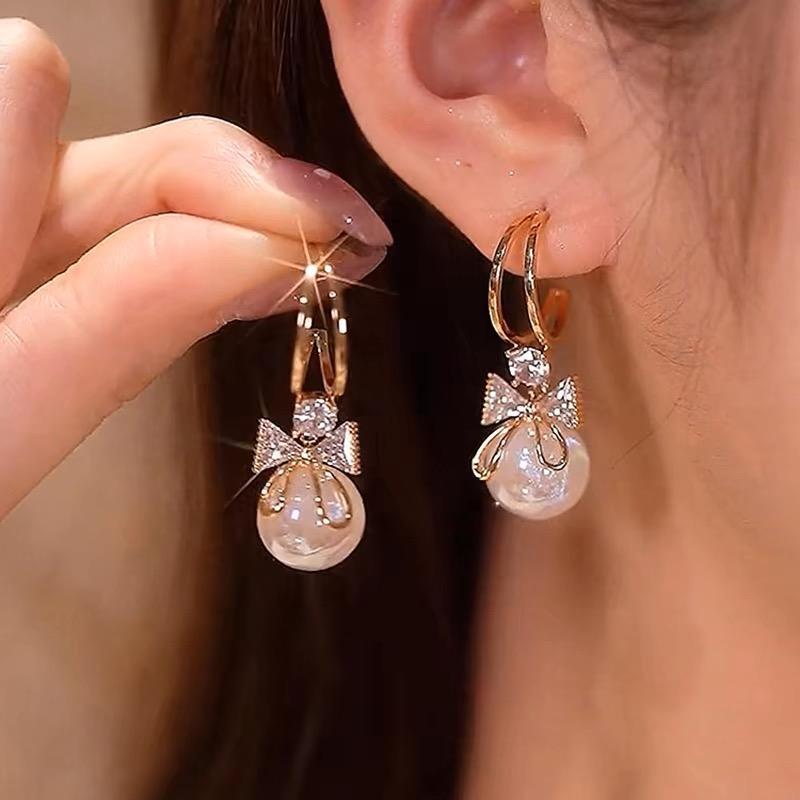 925银耳饰 纯银针珍珠耳环新款新款甜美珠珠女蝴蝶结耳坠耳环轻奢