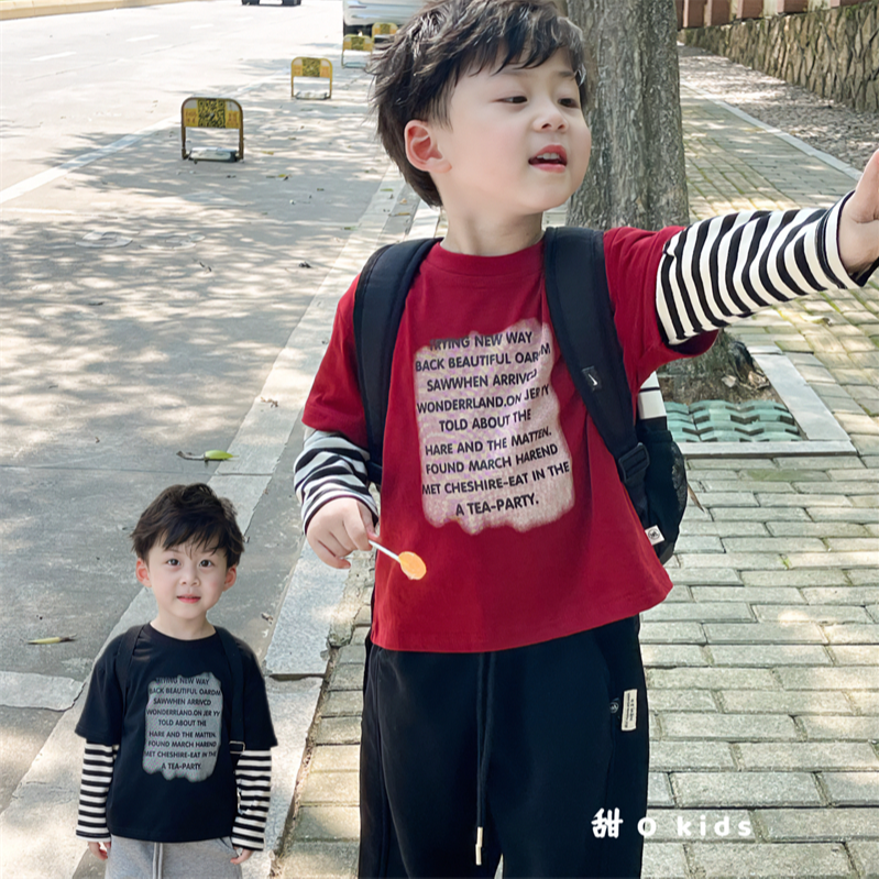 儿童韩版纯棉假两件T恤春秋男女童字母印花条纹上衣中小童潮酷t恤