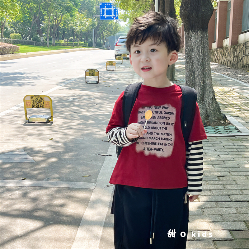 男女童字母印花条纹上衣中小童潮酷t恤儿童韩版纯棉假两件T恤春秋