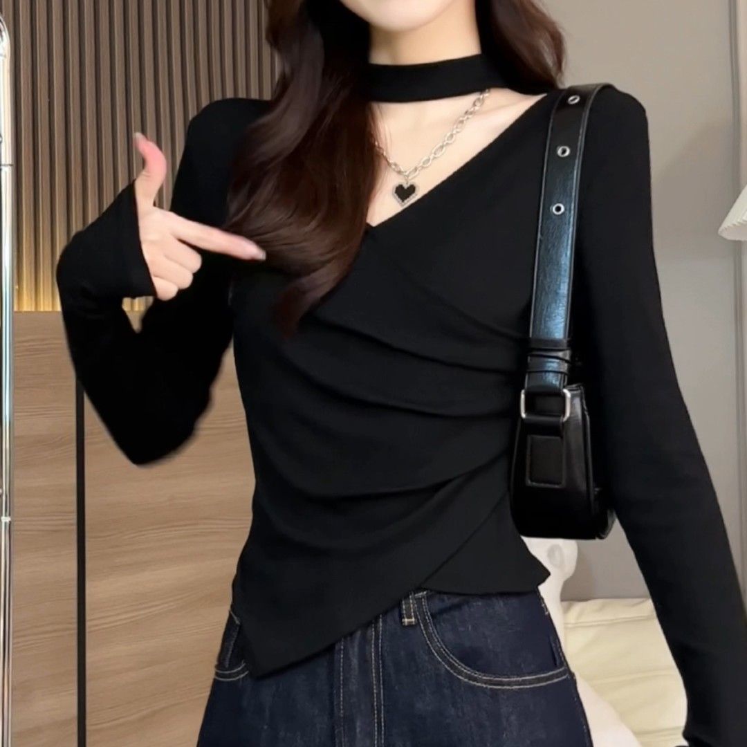 不规则长袖打底衫T恤女春秋冬修身显瘦大码设计感法式小香风上衣