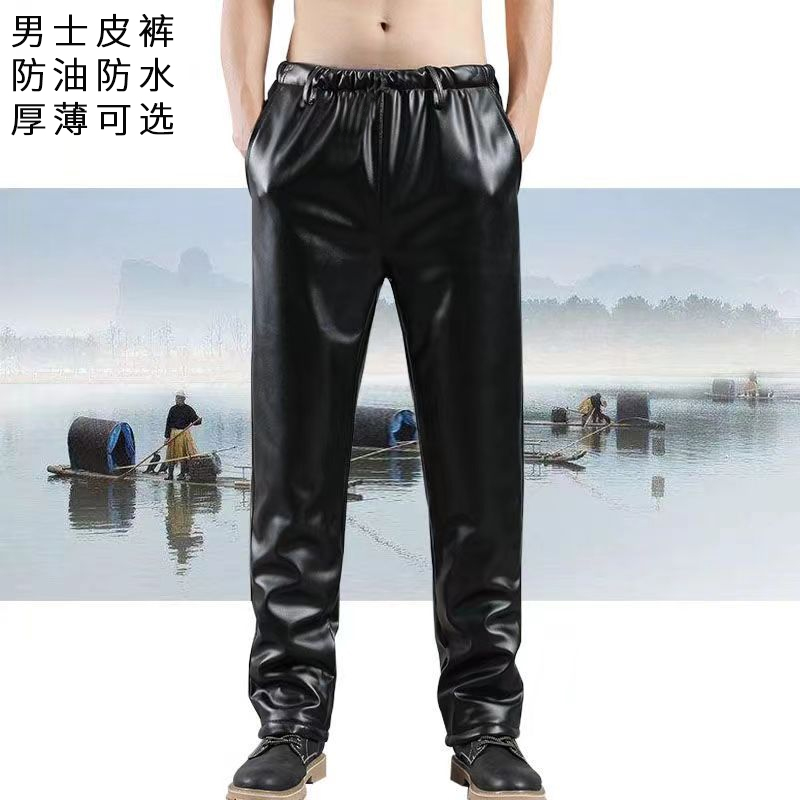 皮裤男加绒加厚冬季宽松中老年男士松紧腰外卖防水防风保暖皮裤子