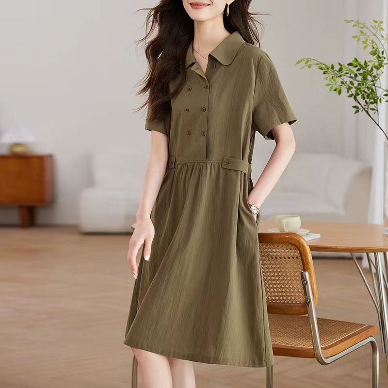 纯棉连衣裙女2025新款夏小个子休闲polo领显瘦法式气质收腰衬衫裙