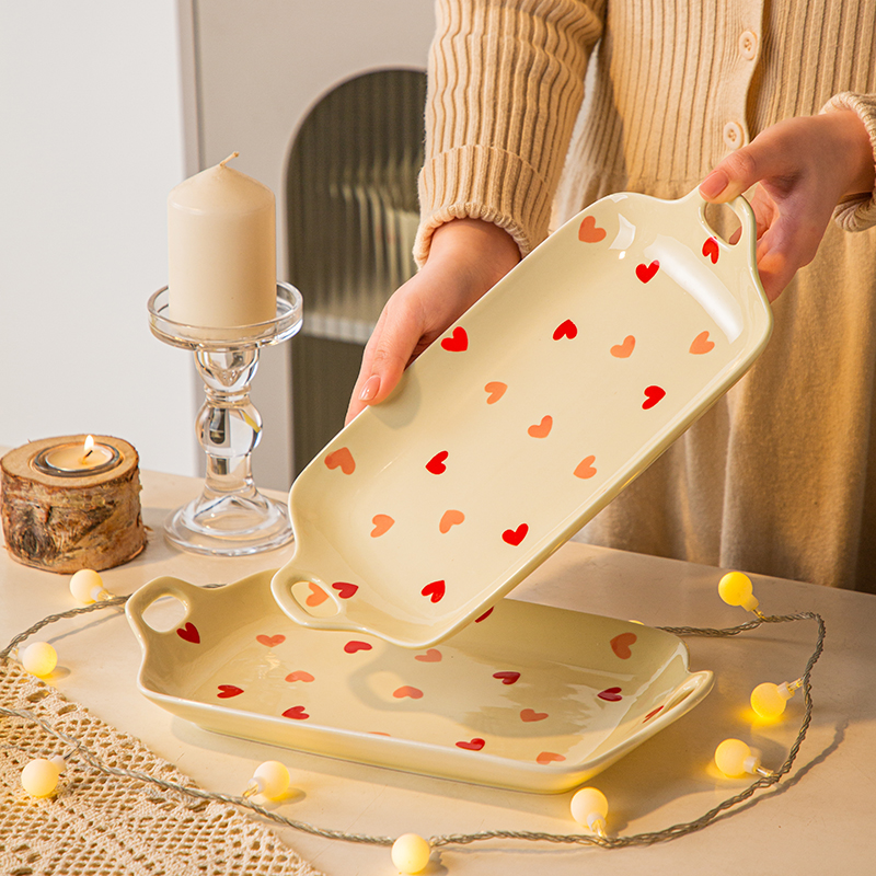 奶油风桃心双耳鱼盘长盘高颜值盘子红烧鱼盘子清蒸鱼盘