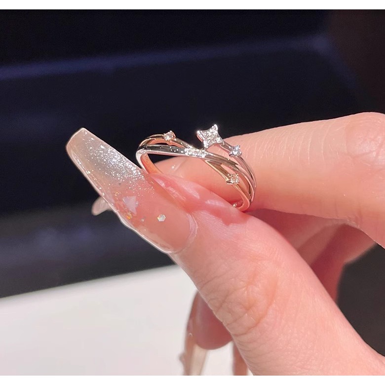 闪钻星星银戒指女时尚简约ins风食指环气质百搭四芒星戒指新款