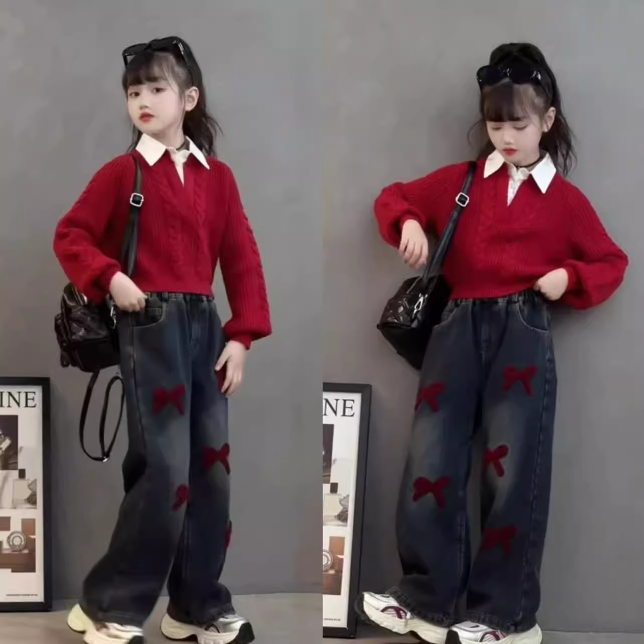 女童春秋2025新款两件套装儿童毛衣女孩洋气中大童冬装加绒牛仔裤