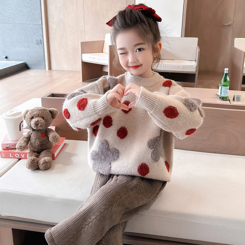 女童圆点毛衣秋冬2024新款儿童套头女宝宝冬季冬装针织打底衫内搭