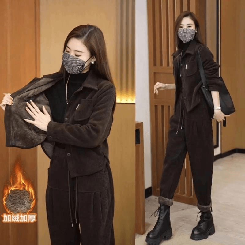 2024加绒加厚两件套保暖套装保暖女士外套