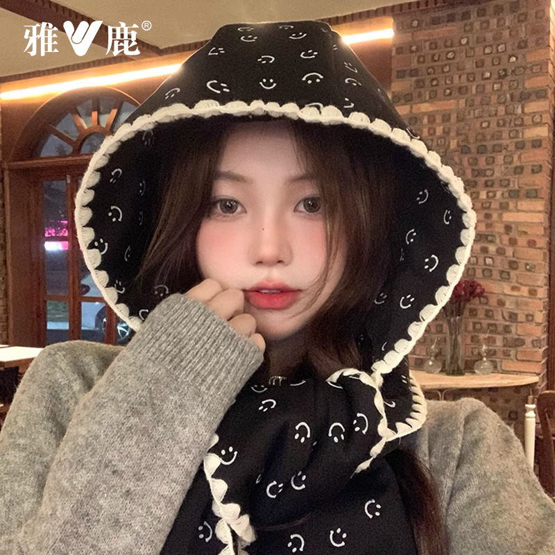 雅鹿云商韩版笑脸围巾帽子一体百搭围脖女冬季斗篷披肩外搭高级感