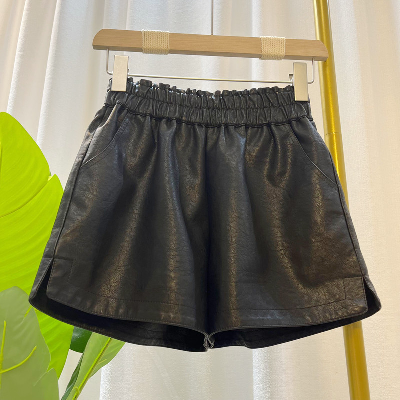 高腰Az字皮短裤女秋冬 新款韩版宽松百搭松紧腰皮裤靴裤潮