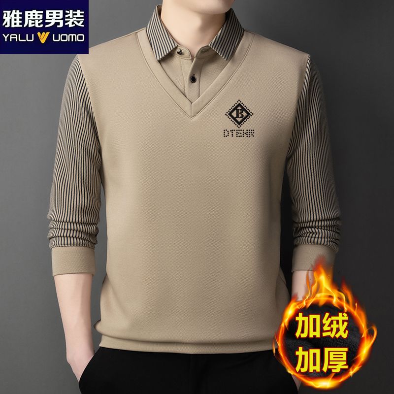 雅鹿男装冬季加厚假两件长袖T恤男上衣翻领中年一体绒保暖打底衫
