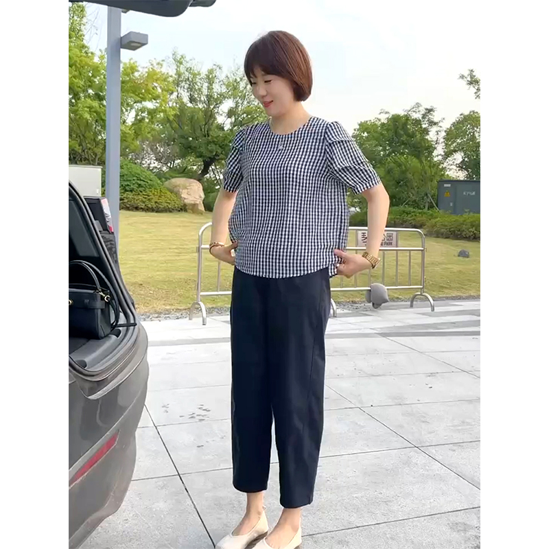 小个子穿搭夏季盐系炸街洋气减龄格子短袖上衣女高腰显瘦休闲裤子