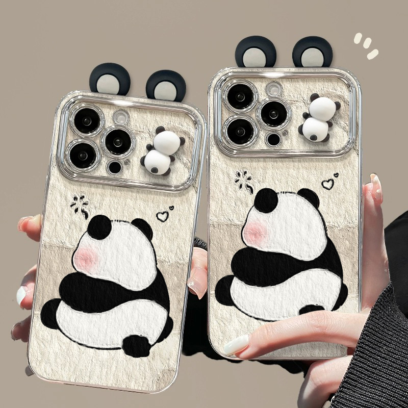 欧克里里熊猫耳朵公仔适用苹果15/华为/vivo/oppo/小米电镀手机壳