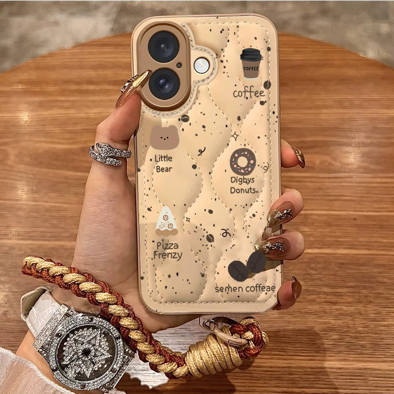 欧克里里羽绒服咖啡熊适用苹果16肤感手机壳编织挂绳华为vivo小米