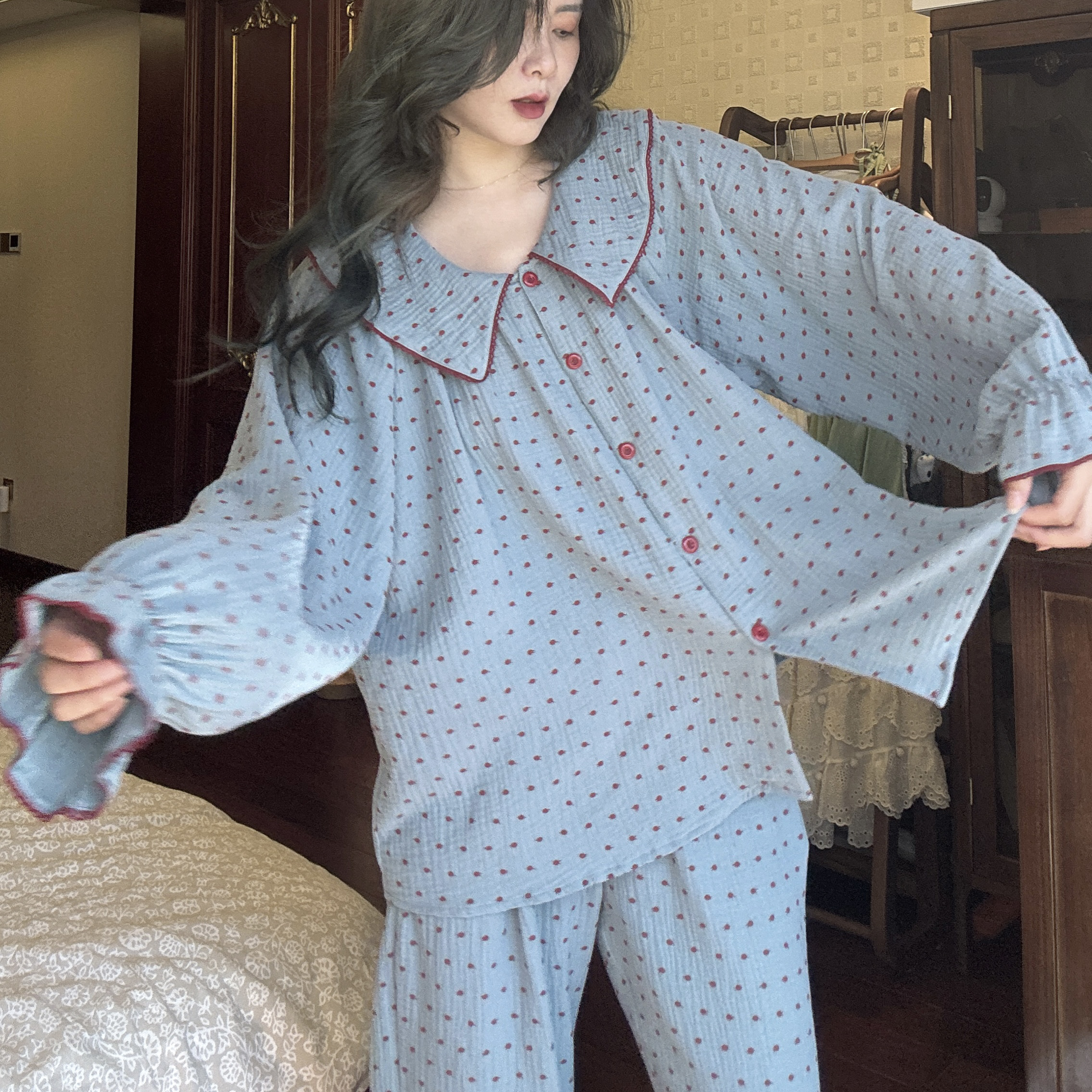 春秋季纯棉睡衣女套装蓝色纱布家居服大码透气娃娃领宽松薄款夏天