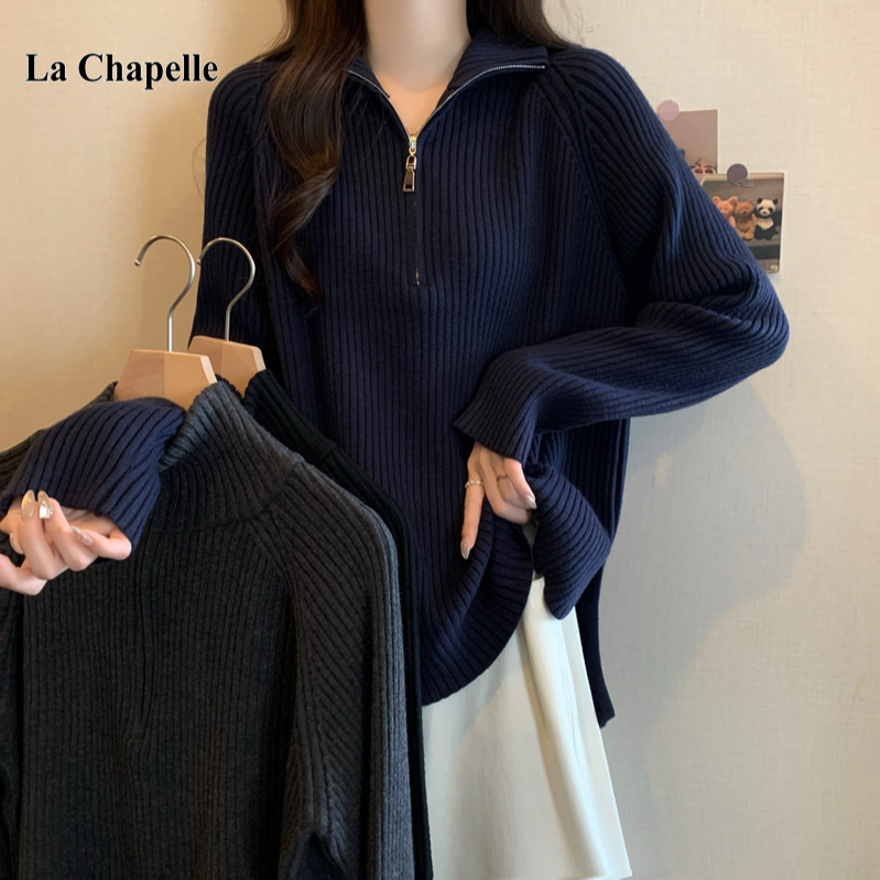 拉夏贝尔加厚长袖毛衣女秋冬季慵懒风大码胖mm百搭外穿高领针织衫