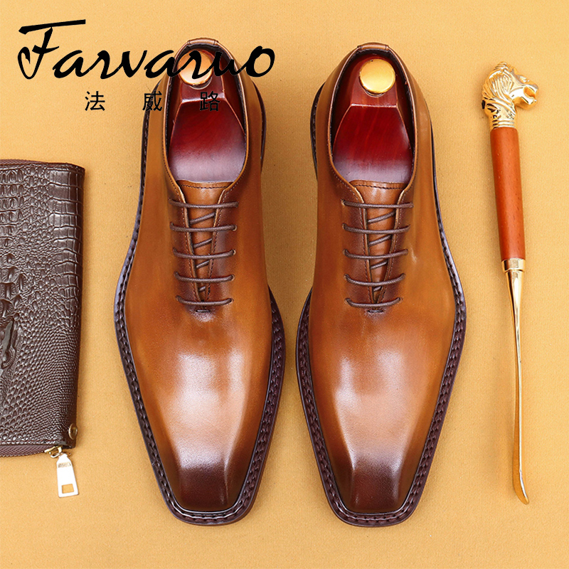 棕色皮鞋男夏季婚礼商务正装英伦方头牛津鞋手工真皮擦色大码男鞋