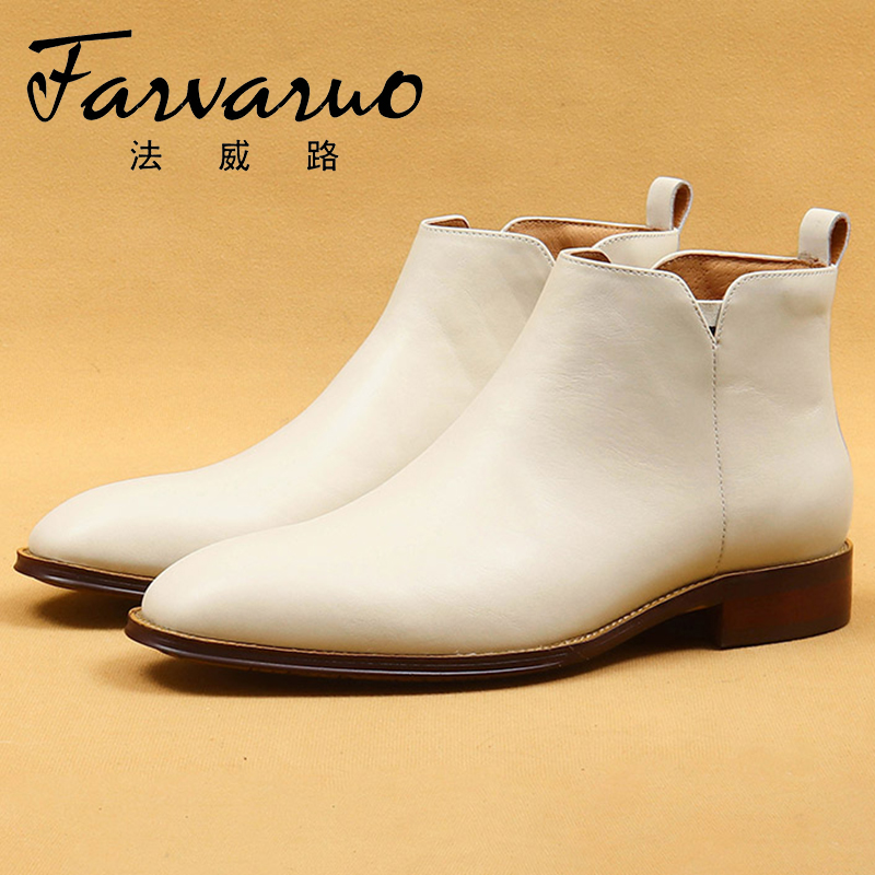 切尔西靴尖头高帮皮鞋秋冬新款英伦风商务休闲短筒白色皮靴马丁靴