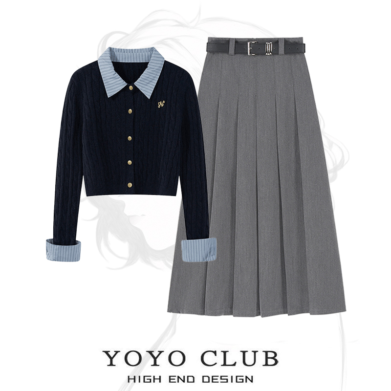 秋季套装女2025新款学院风Polo领假两件针织毛衣半身裙显瘦两件套