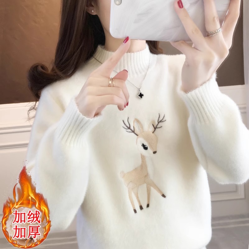 水貂绒保暖内搭刺绣小女孩毛衣2025秋冬新款加厚外穿中学生针织衣
