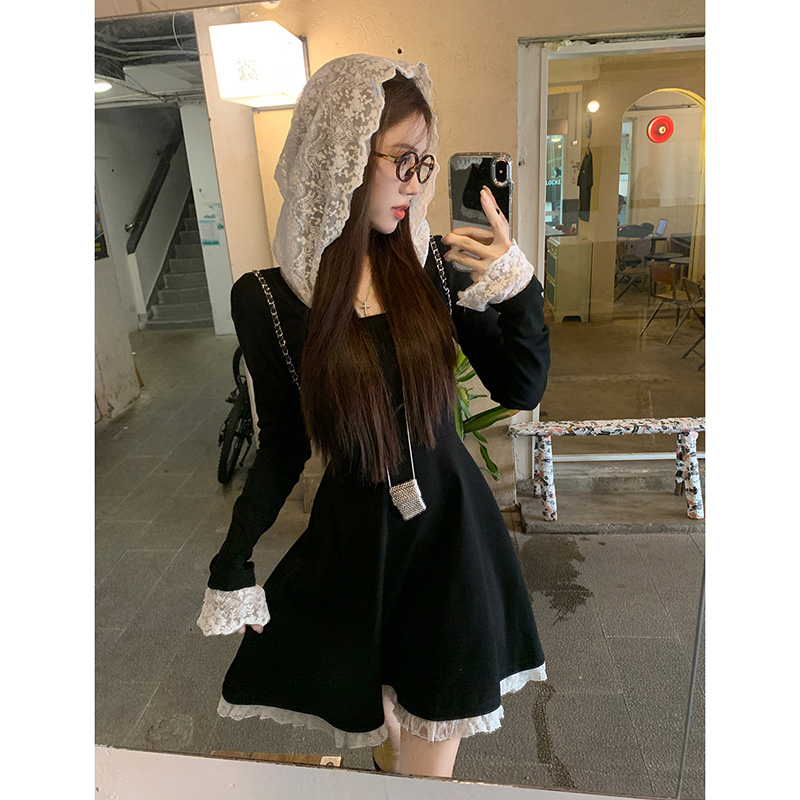 蕾丝拼接长袖连衣裙设计感显瘦黑色收腰针织A字裙法式内搭叠穿女