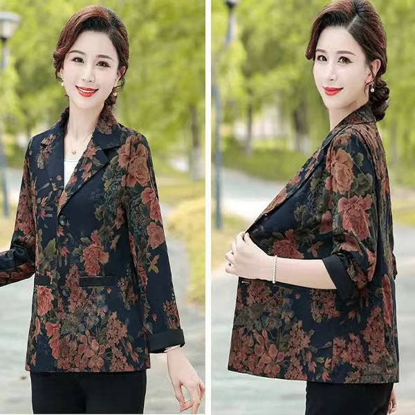2024新款春秋款中老年时尚大码印花百搭9分袖妈妈装西装外套036