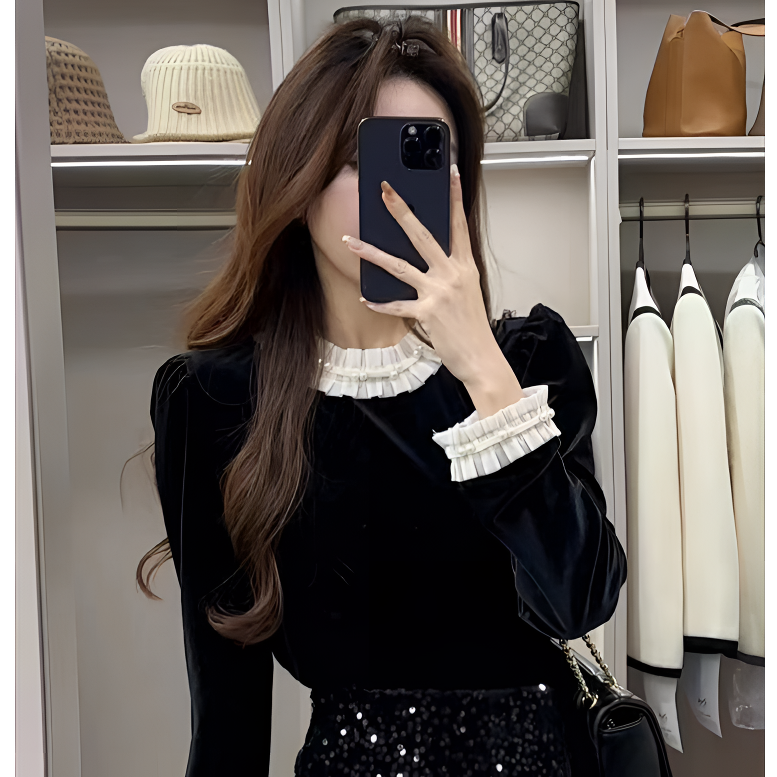 2025新款春季小香风套装女黑色拼接长袖衬衫高腰亮片半身裙两件套