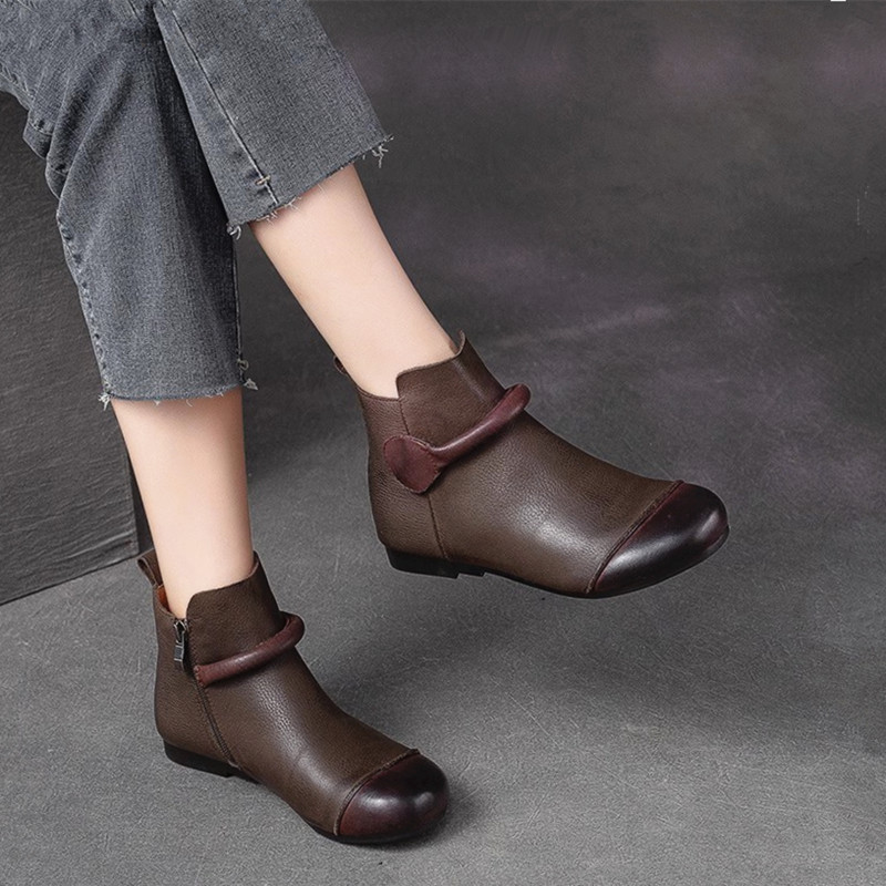 头层牛皮短靴女复古单靴软皮软底防滑舒适中老年女靴棉靴高帮女鞋