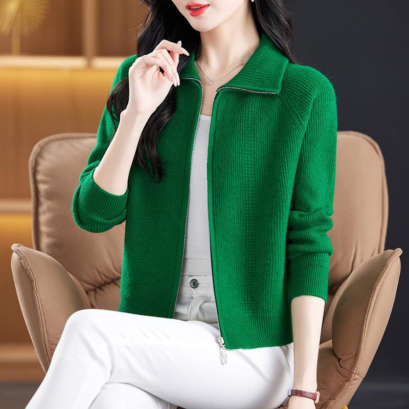 翻领拉链针织开衫女短外搭春秋新款小香风长袖毛衣外套百搭外穿女