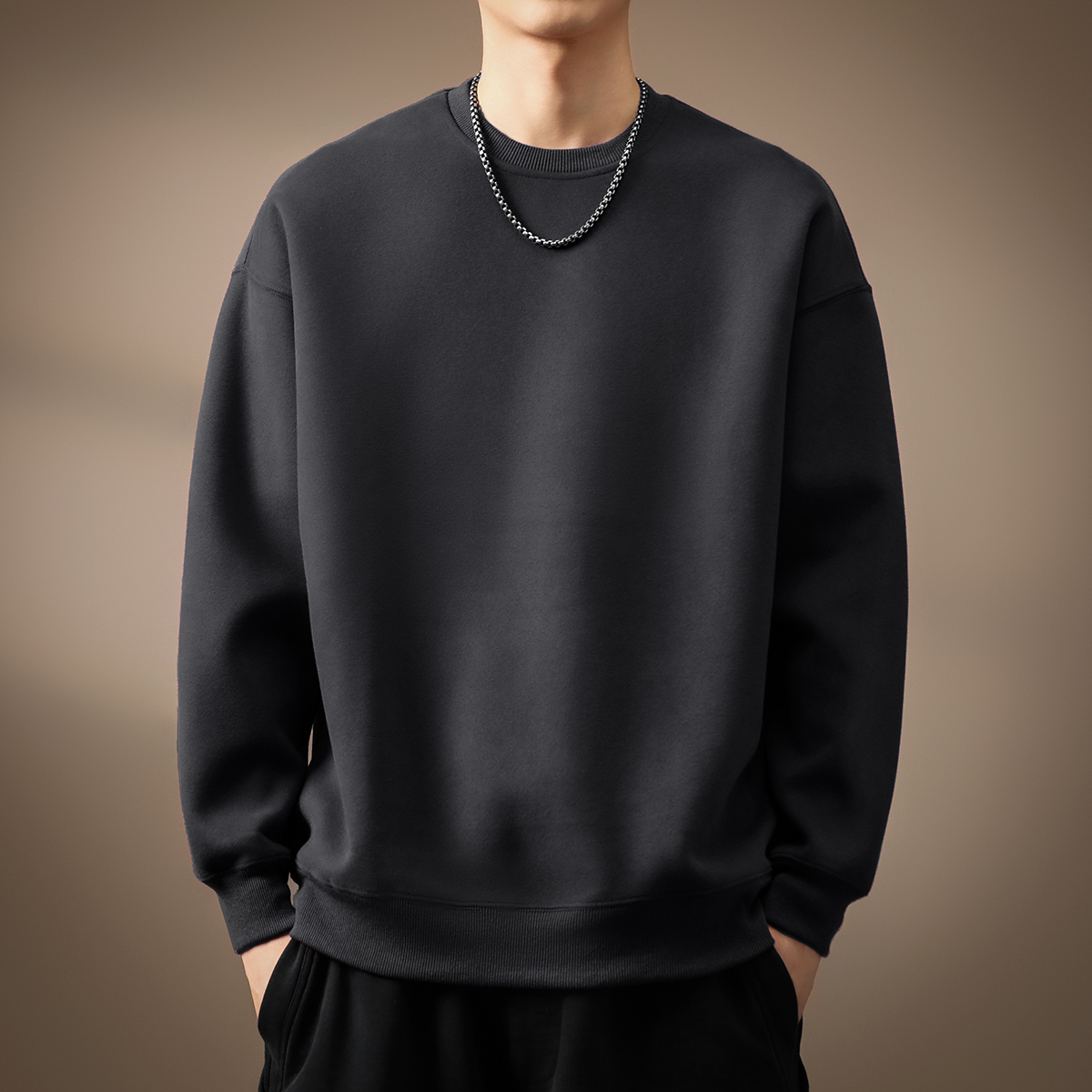 高端美式基础款405g重磅简约卫衣男秋冬加绒宽松圆领长袖打底衫男