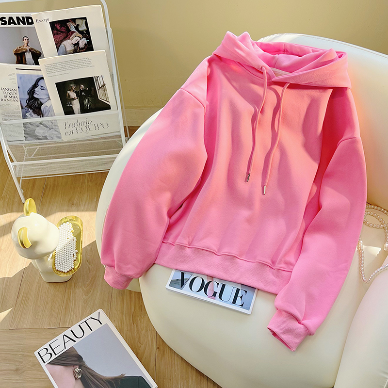 连帽玫粉色卫衣女秋冬2026新款爆款加绒洋气纯色高级感短款外套潮