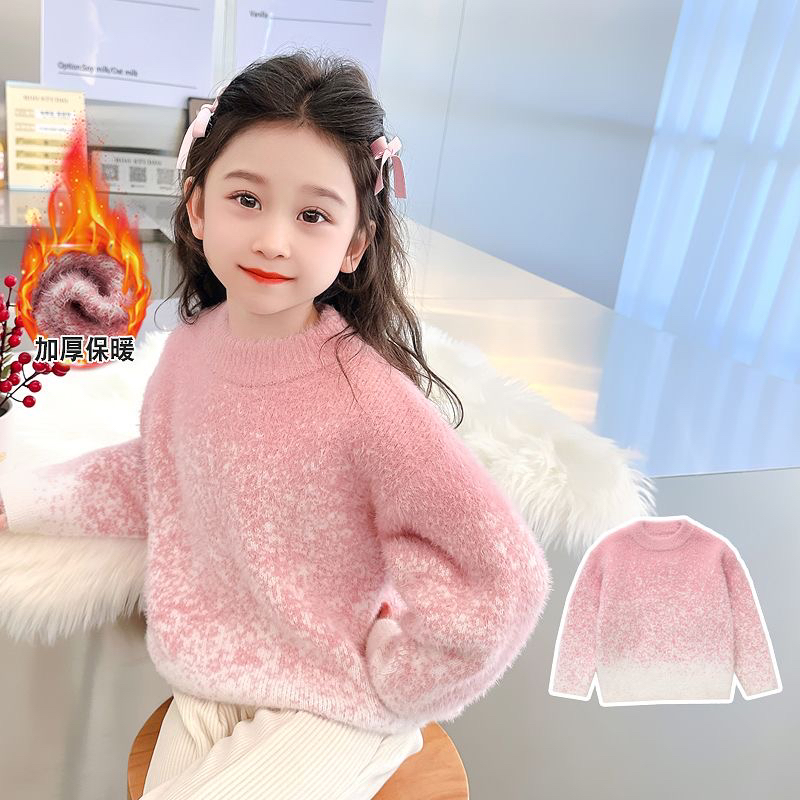 冬季女童毛衣加绒加厚亲子装水貂毛保暖洋气套头上衣大童儿童毛衣