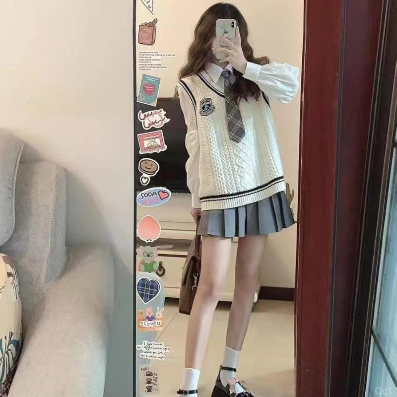 【三件套装】学院风穿搭秋季新款JK制服马甲针织背心女衬衣百褶裙