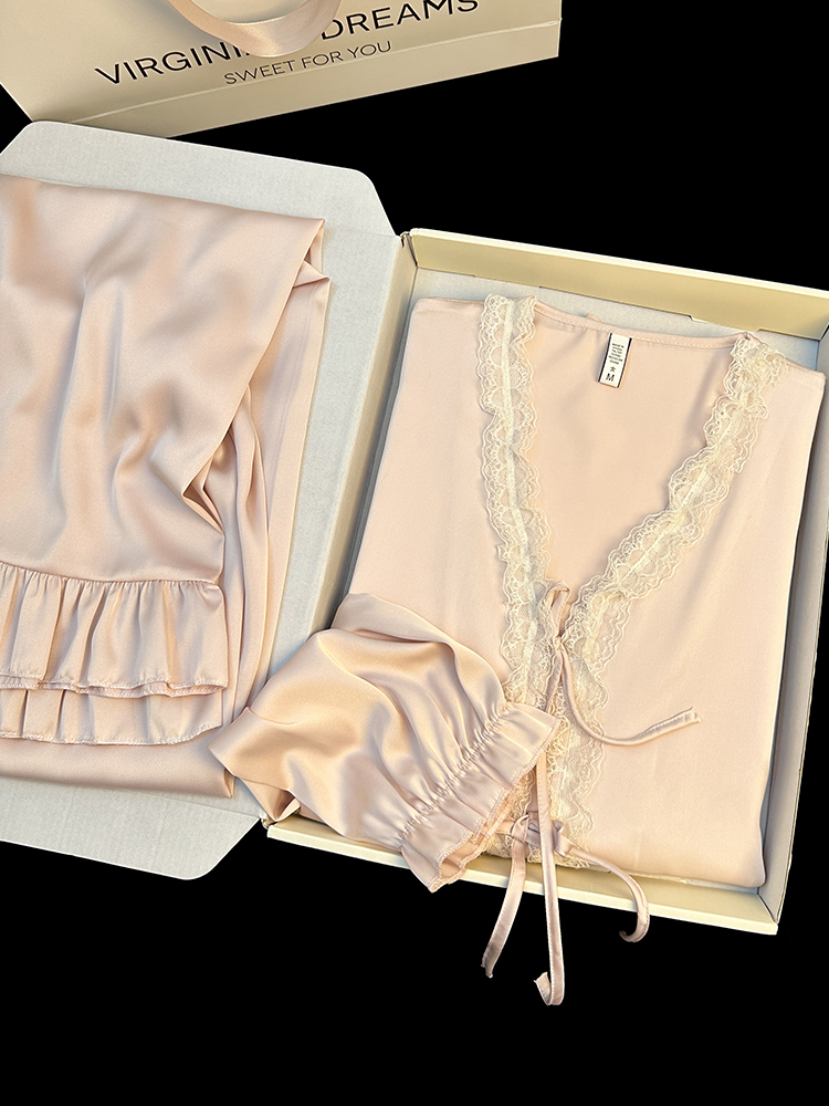 初暮高级感冰丝睡衣女套装新款长袖甜美蝴蝶结蕾丝边可外出家居服